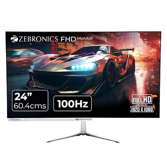 ZEBRONICS A24FHD LED Monitor, 24 inch (60.96cm), 250 nits, 100Hz, Slim Design, FHD, 1080p, Wall Mountable, HDMI, VGA, Ultra Slim Bezel, Metal stand, Built-in Speakers